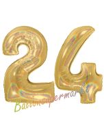 Zahl 24, holografisch, Gold, Luftballons aus Folie zum 24. Geburtstag, 100 cm, inklusive Helium