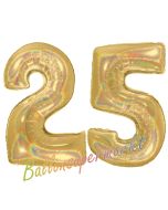 Zahl 25, holografisch, Gold, Luftballons aus Folie zum 25. Geburtstag, 100 cm, inklusive Helium