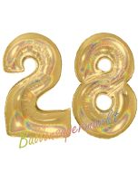Zahl 28, holografisch, Gold, Luftballons aus Folie zum 28. Geburtstag, 100 cm, inklusive Helium