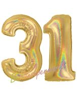Zahl 31, holografisch, Gold, Luftballons aus Folie zum 31. Geburtstag, 100 cm, inklusive Helium