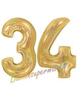 Zahl 34, holografisch, Gold, Luftballons aus Folie zum 34. Geburtstag, 100 cm, inklusive Helium