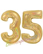 Zahl 35, holografisch, Gold, Luftballons aus Folie zum 35. Geburtstag, 100 cm, inklusive Helium