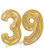 Zahl 39, holografisch, Gold, Luftballons aus Folie zum 39. Geburtstag, 100 cm, inklusive Helium