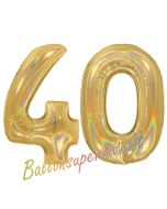 Zahl 40, holografisch, Gold, Luftballons aus Folie zum 40. Geburtstag