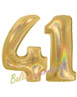 Zahl 41, holografisch, Gold, Luftballons aus Folie zum 41. Geburtstag, 100 cm, inklusive Helium