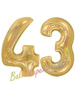 Zahl 43, holografisch, Gold, Luftballons aus Folie zum 43. Geburtstag, 100 cm, inklusive Helium