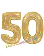 Zahl 50, holografisch, Gold, Luftballons aus Folie zum 50. Geburtstag, 100 cm, inklusive Helium