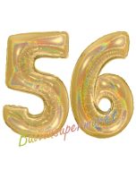 Zahl 56, holografisch, Gold, Luftballons aus Folie zum 56. Geburtstag, 100 cm, inklusive Helium