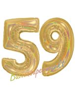 Zahl 59, holografisch, Gold, Luftballons aus Folie zum 59. Geburtstag, 100 cm, inklusive Helium