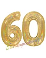 Zahl 60, holografisch, Gold, Luftballons aus Folie zum 60. Geburtstag, 100 cm, inklusive Helium