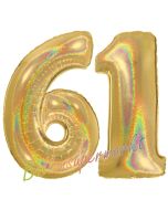 Zahl 61, holografisch, Gold, Luftballons aus Folie zum 61. Geburtstag, 100 cm, inklusive Helium