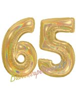 Zahl 65, holografisch, Gold, Luftballons aus Folie zum 65. Geburtstag, 100 cm, inklusive Helium