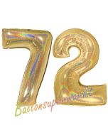 Zahl 72, holografisch, Gold, Luftballons aus Folie zum 72. Geburtstag, 100 cm, inklusive Helium