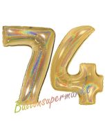 Zahl 74, holografisch, Gold, Luftballons aus Folie zum 74. Geburtstag, 100 cm, inklusive Helium