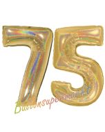 Zahl 75, holografisch, Gold, Luftballons aus Folie zum 75. Geburtstag, 100 cm, inklusive Helium
