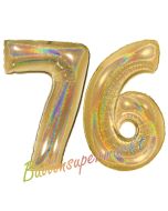 Zahl 76, holografisch, Gold, Luftballons aus Folie zum 76. Geburtstag, 100 cm, inklusive Helium
