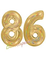 Zahl 86, holografisch, Gold, Luftballons aus Folie zum 86. Geburtstag, 100 cm, inklusive Helium