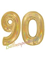 Zahl 90, holografisch, Gold, Luftballons aus Folie zum 90. Geburtstag, 100 cm, inklusive Helium