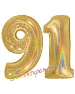 Zahl 91, holografisch, Gold, Luftballons aus Folie zum 91. Geburtstag, 100 cm, inklusive Helium