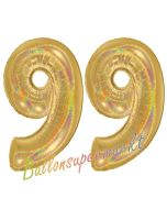 Zahl 99, holografisch, Gold, Luftballons aus Folie zum 99. Geburtstag, 100 cm, inklusive Helium