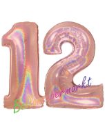 Zahl 12, holografisch, Rosegold, Luftballons aus Folie zum 12. Geburtstag, 100 cm, inklusive Helium