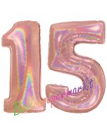 Zahl 15, holografisch, Rosegold, Luftballons aus Folie zum 15. Geburtstag, 100 cm, inklusive Helium