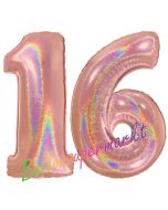 Zahl 16, holografisch, Rosegold, Luftballons aus Folie zum 16. Geburtstag, 100 cm, inklusive Helium