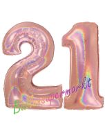 Zahl 21, holografisch, Rosegold, Luftballons aus Folie zum 21. Geburtstag, 100 cm, inklusive Helium