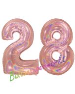 Zahl 28, holografisch, Rosegold, Luftballons aus Folie zum 28. Geburtstag, 100 cm, inklusive Helium