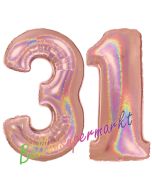 Zahl 31, holografisch, Rosegold, Luftballons aus Folie zum 31. Geburtstag, 100 cm, inklusive Helium