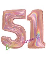 Zahl 51, holografisch, Rosegold, Luftballons aus Folie zum 51. Geburtstag, 100 cm, inklusive Helium