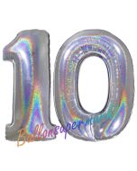 Zahl 10, Holografisch, Silber, Luftballons aus Folie zum 10. Geburtstag, 100 cm, inklusive Helium