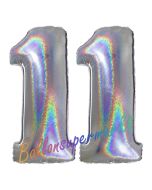 Zahl 11, Holografisch, Silber, Luftballons aus Folie zum 11. Geburtstag, 100 cm, inklusive Helium