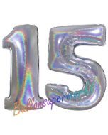 Zahl 15, Holografisch, Silber, Luftballons aus Folie zum 15. Geburtstag, 100 cm, inklusive Helium