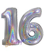 Zahl 16, holografisch, Silber, Luftballons aus Folie zum 16. Geburtstag, 100 cm, inklusive Helium
