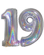 Zahl 19, Holografisch, Silber, Luftballons aus Folie zum 19. Geburtstag, 100 cm, inklusive Helium