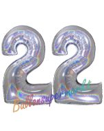 Zahl 22, Holografisch, Silber, Luftballons aus Folie zum 22. Geburtstag, 100 cm, inklusive Helium