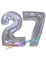 Zahl 27, Holografisch, Silber, Luftballons aus Folie zum 27. Geburtstag, 100 cm, inklusive Helium