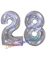 Zahl 28, Holografisch, Silber, Luftballons aus Folie zum 28. Geburtstag, 100 cm, inklusive Helium