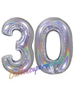 Zahl 30, holografisch, Silber, Luftballons aus Folie zum 30. Geburtstag, 100 cm, inklusive Helium