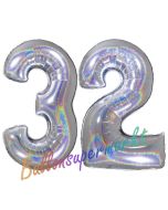 Zahl 32, Holografisch, Silber, Luftballons aus Folie zum 32. Geburtstag, 100 cm, inklusive Helium