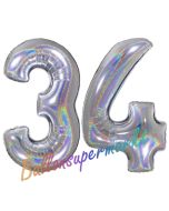 Zahl 34, Holografisch, Silber, Luftballons aus Folie zum 34. Geburtstag, 100 cm, inklusive Helium