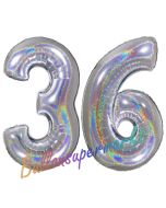 Zahl 36, Holografisch, Silber, Luftballons aus Folie zum 36. Geburtstag, 100 cm, inklusive Helium