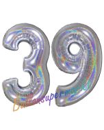 Zahl 39, Holografisch, Silber, Luftballons aus Folie zum 39. Geburtstag, 100 cm, inklusive Helium