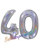 Zahl 40, holografisch, Silber, Luftballons aus Folie zum 40. Geburtstag