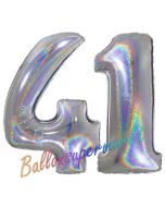 Zahl 41, Holografisch, Silber, Luftballons aus Folie zum 41. Geburtstag, 100 cm, inklusive Helium