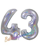 Zahl 43, Holografisch, Silber, Luftballons aus Folie zum 43. Geburtstag, 100 cm, inklusive Helium