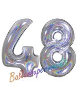 Zahl 48, Holografisch, Silber, Luftballons aus Folie zum 48. Geburtstag, 100 cm, inklusive Helium