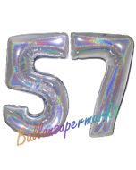 Zahl 57, Holografisch, Silber, Luftballons aus Folie zum 57. Geburtstag, 100 cm, inklusive Helium