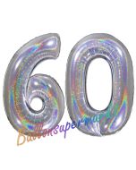 Zahl 60, holografisch, Silber, Luftballons aus Folie zum 60. Geburtstag, 100 cm, inklusive Helium